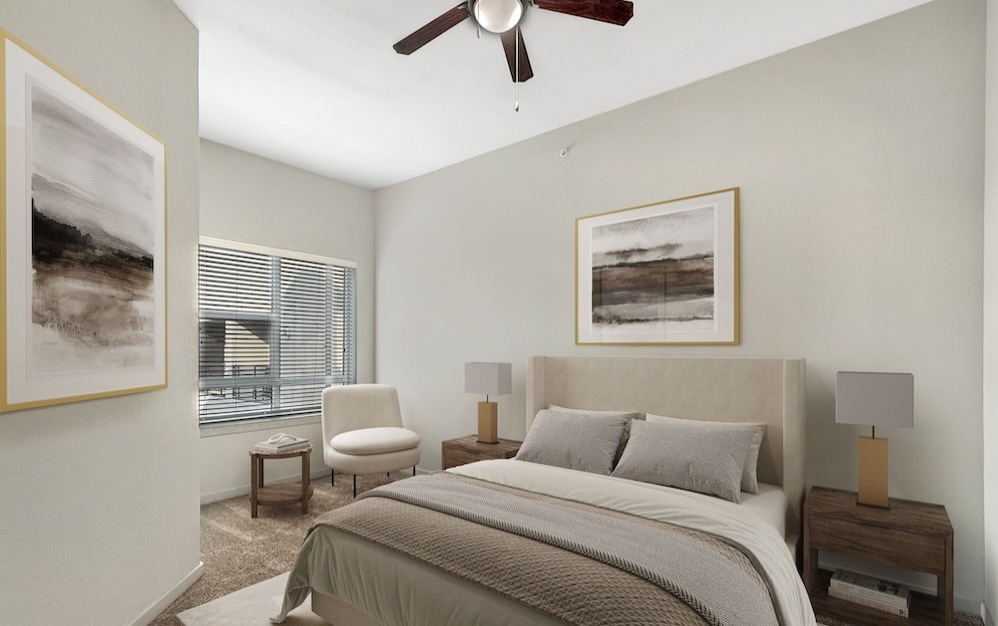 bedroom with a ceiling fan and chair in the corner