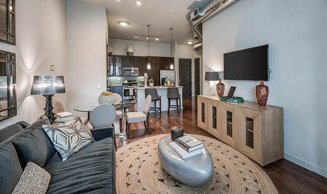 Stylish Interiors track lighting in apartment with Open Concept Floorplan