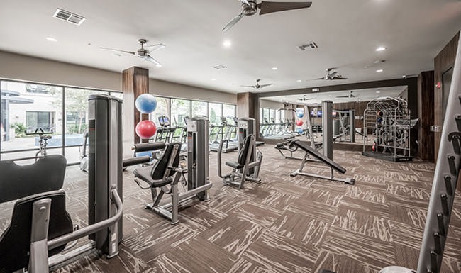 Luxury Living oversized windows in large fitness center